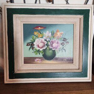 Vintage French Country Framed Floral Still life Oil Painting Signed Nancy Lee